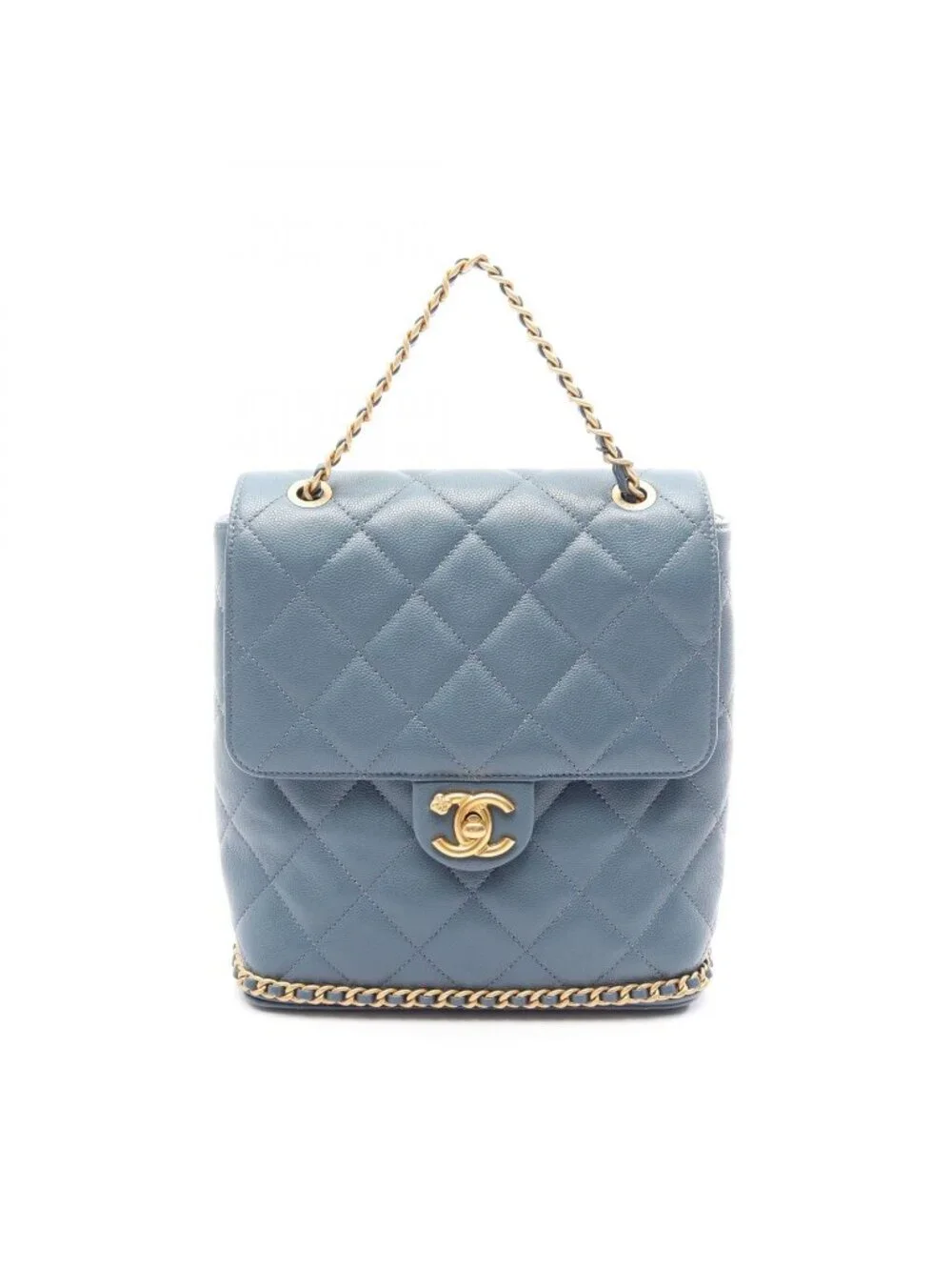 Chanel Backpack Quilted Camellia Chain Around Smoky Blue Caviar Leather